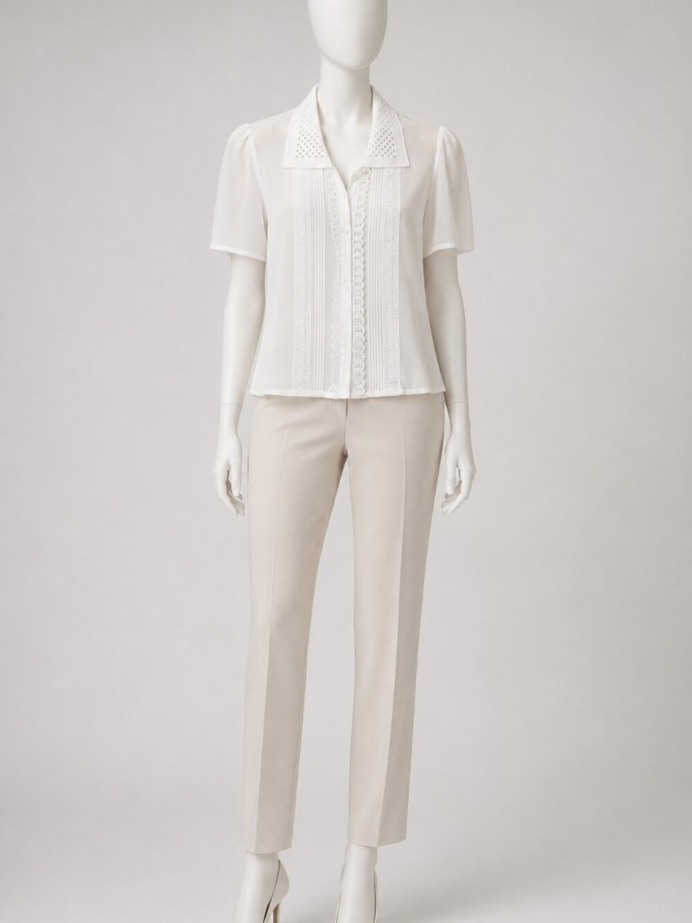 TODAY White Embroidered Pintuck Lace Button Blouse Size W Short Sleeve Victorian